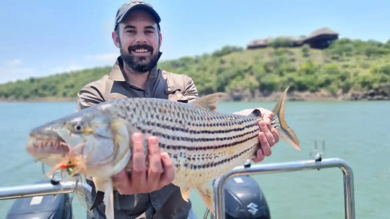 Angler with a tiger fish during a multi-day trip on Lake Jozini
