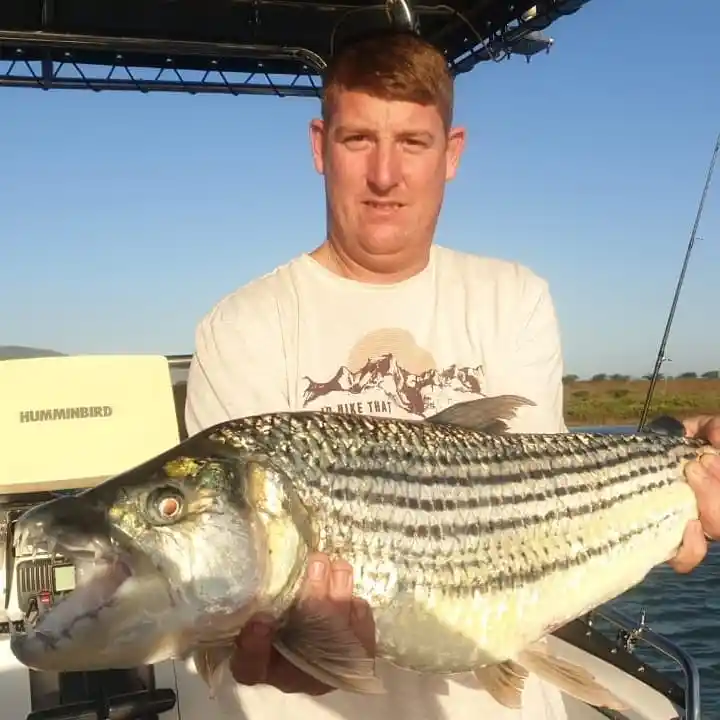 Guest on board with a tiger fish before release on Lake Jozini
